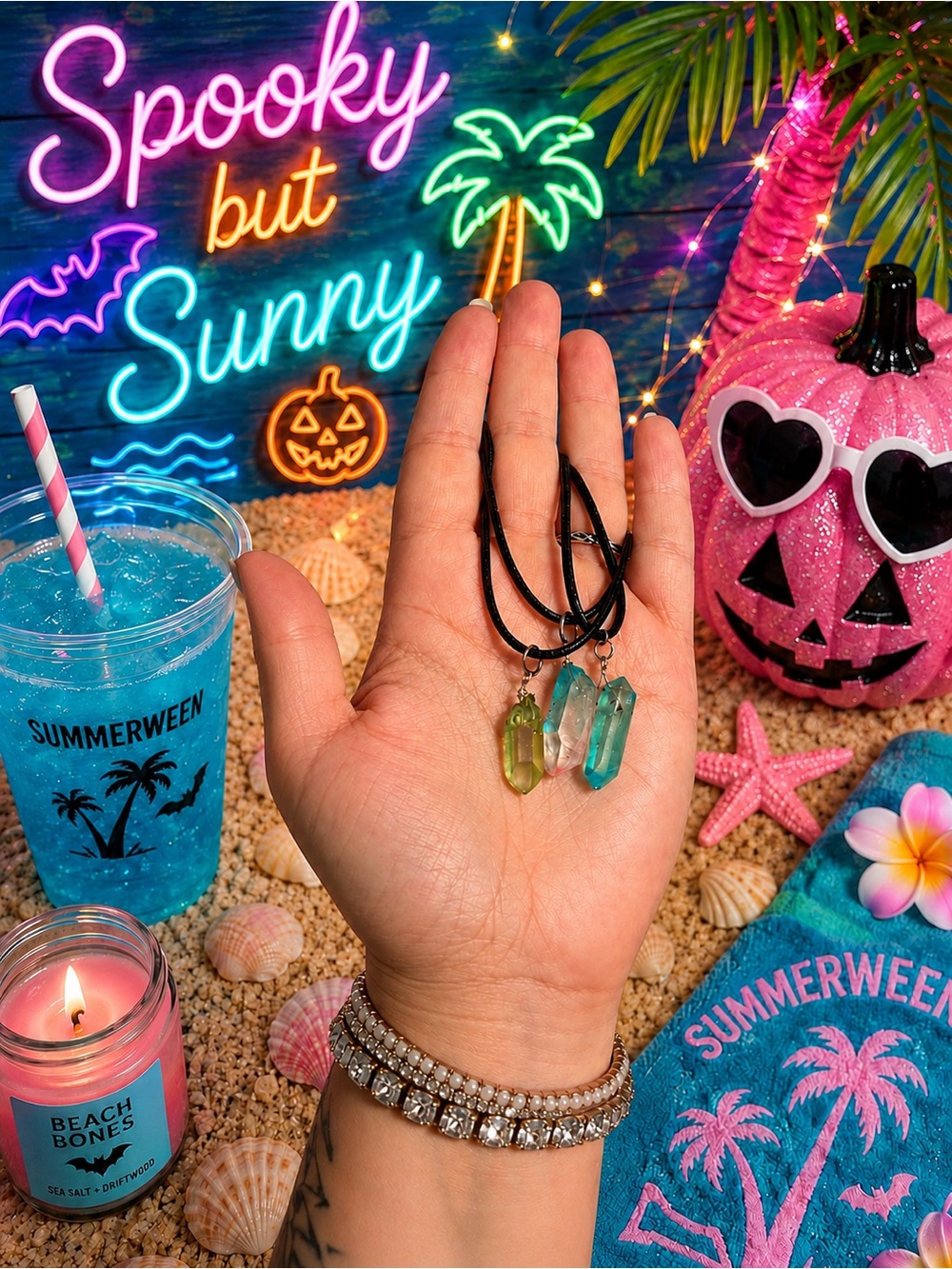 Summerween Crystal Point Necklace Trio - Green & Aqua Pendant Set